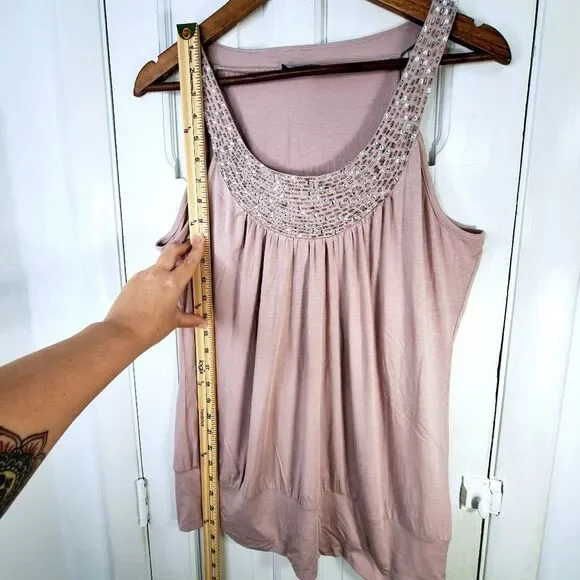 Cable & Gauge Pink Beaded Scoop Neck Tank Top Crystal Collar Sz M - Picture 12 of 14